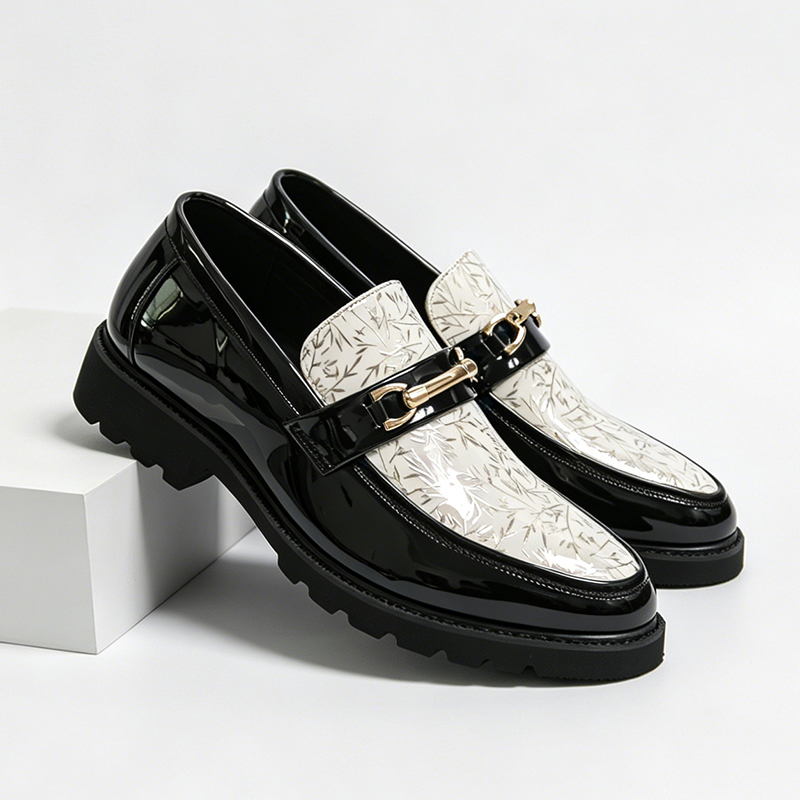 Men Shoes Boss - 남성 투톤 대나무 프린트 에나멜 가죽