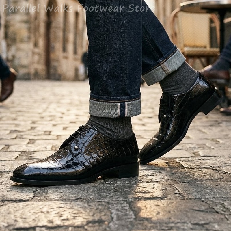 남성용 에나멜 가죽 옥스퍼드 슈즈, 악어 무늬 레이스업 - Men Shoes For Wedding 리뷰 및 가격