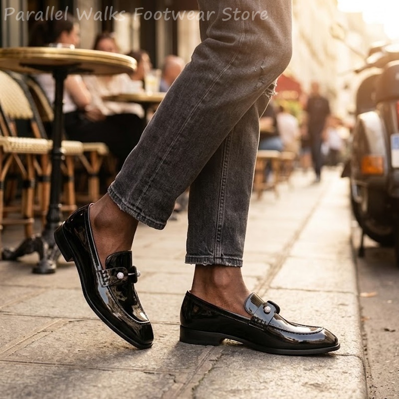 남성용 블랙 에나멜 인조 스웨이드 라인스톤 로퍼 슬립온 - Men Shoes For Wedding 리뷰 및 가격